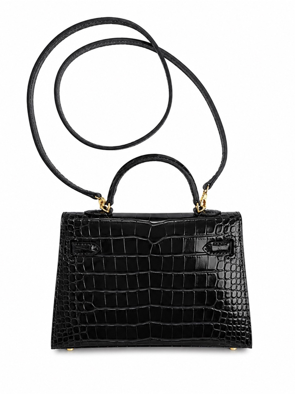 Genuine Leather Shiny Croc Embossed Mini Kelly Bag • Black/Gold • NWT Inspired - Picture 2 of 5